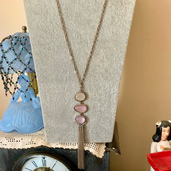 Nice Long Silver Tone Necklace Frosted Stones - Picture 6 of 10